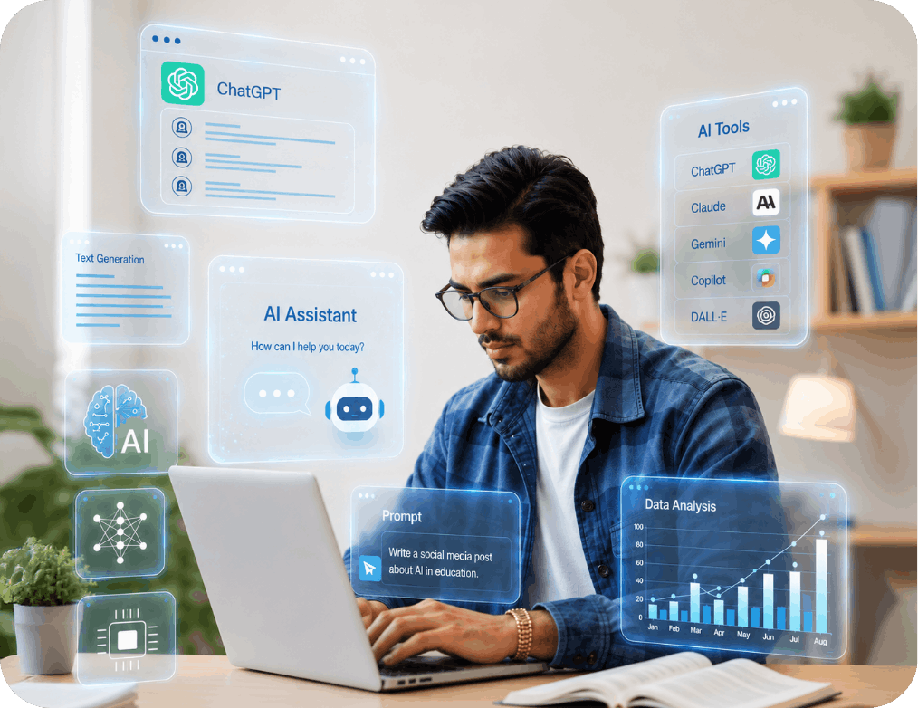 Graduate using multiple AI tools and dashboards at a desk